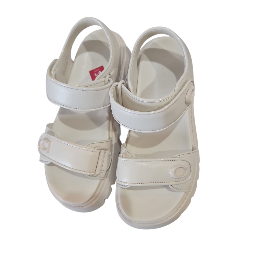 COACH Brynn Woman Geniun Leather Platform Cream Sandals Signature Logo Size 6.5B